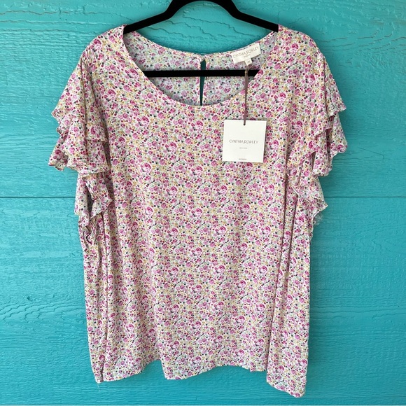 CYNTHIA ROWLEY FLORAL SMALL PRINT FLUTTER SLEEVES TOP SIZE 2X NWT - Picture 1 of 6